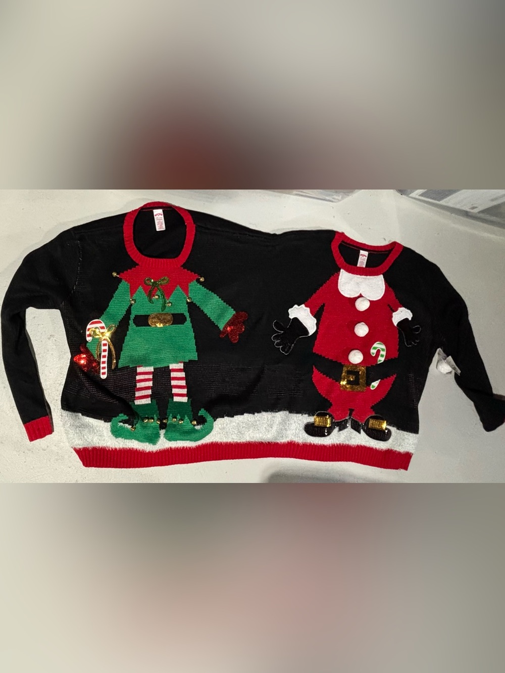 Holiday Time Black Christmas Sweater for two with Red Trim